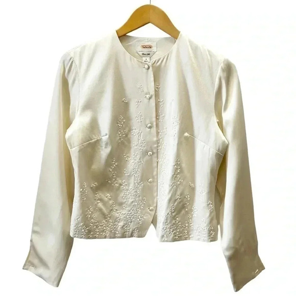 Vintage Talbots Pure Silk Jacket Embroidered Cropped Blazer Ivory Cream Ecru 4 - Picture 2 of 16